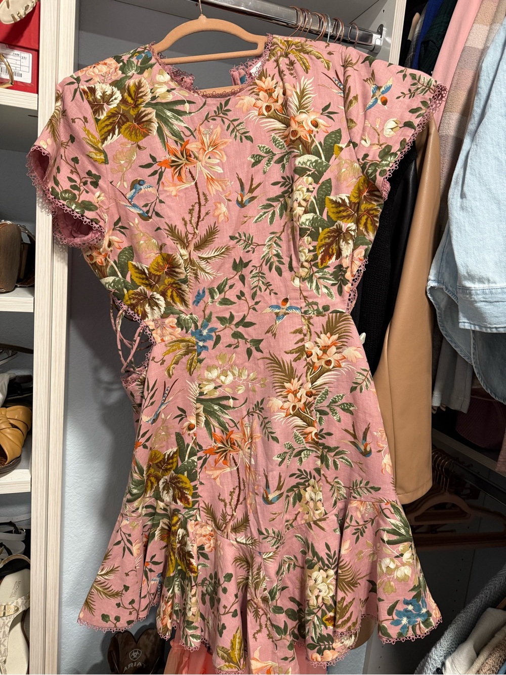 Zimmermann Pink Floral Tie-Waist Mini Dress